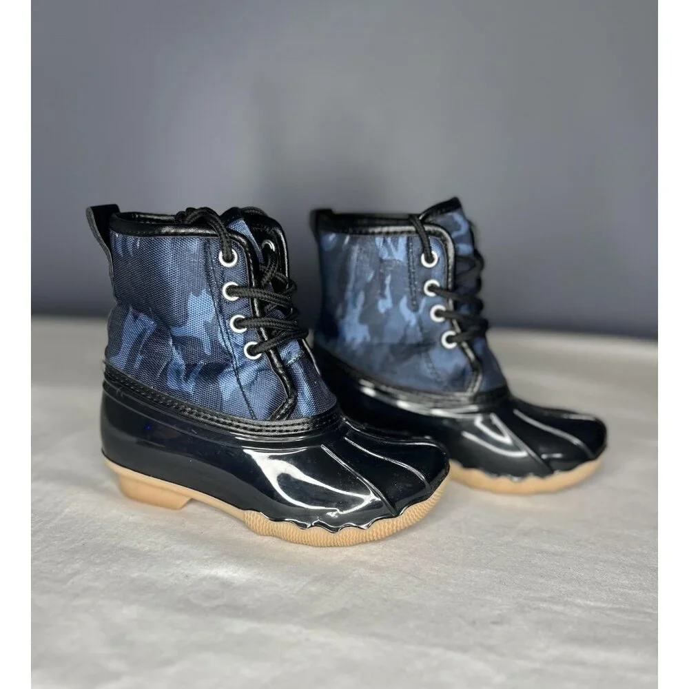 Epicstep Boots Kids Size 8 Black Blue Camo Duck Boot Rain‎ Snow Lace Up Rubber